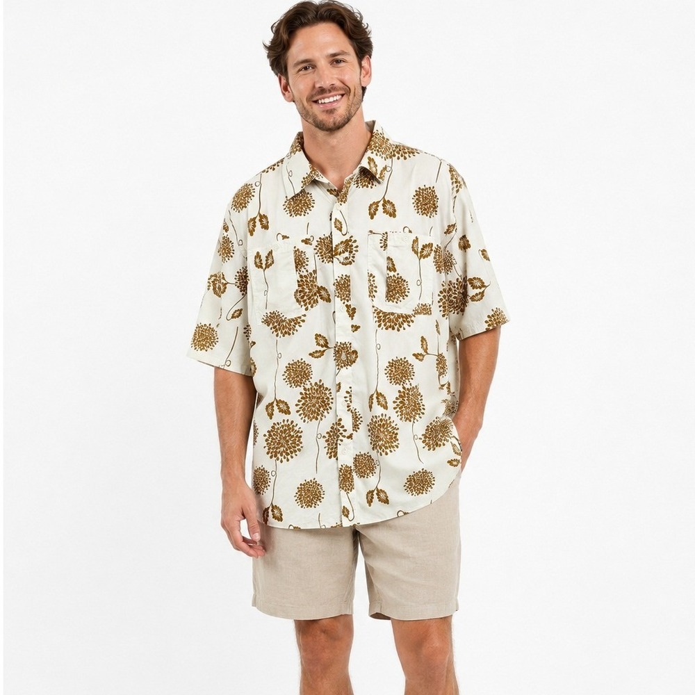 Brixton Men's Cream Brown Floral Button Up Shirt Short Sleeve Retro Resort | XXL